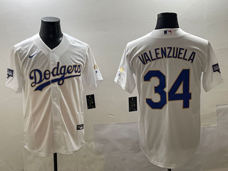 Men Los Angeles Dodgers #34 Valenzuela White blue Gold Game 2025 Nike MLB Jersey style 5